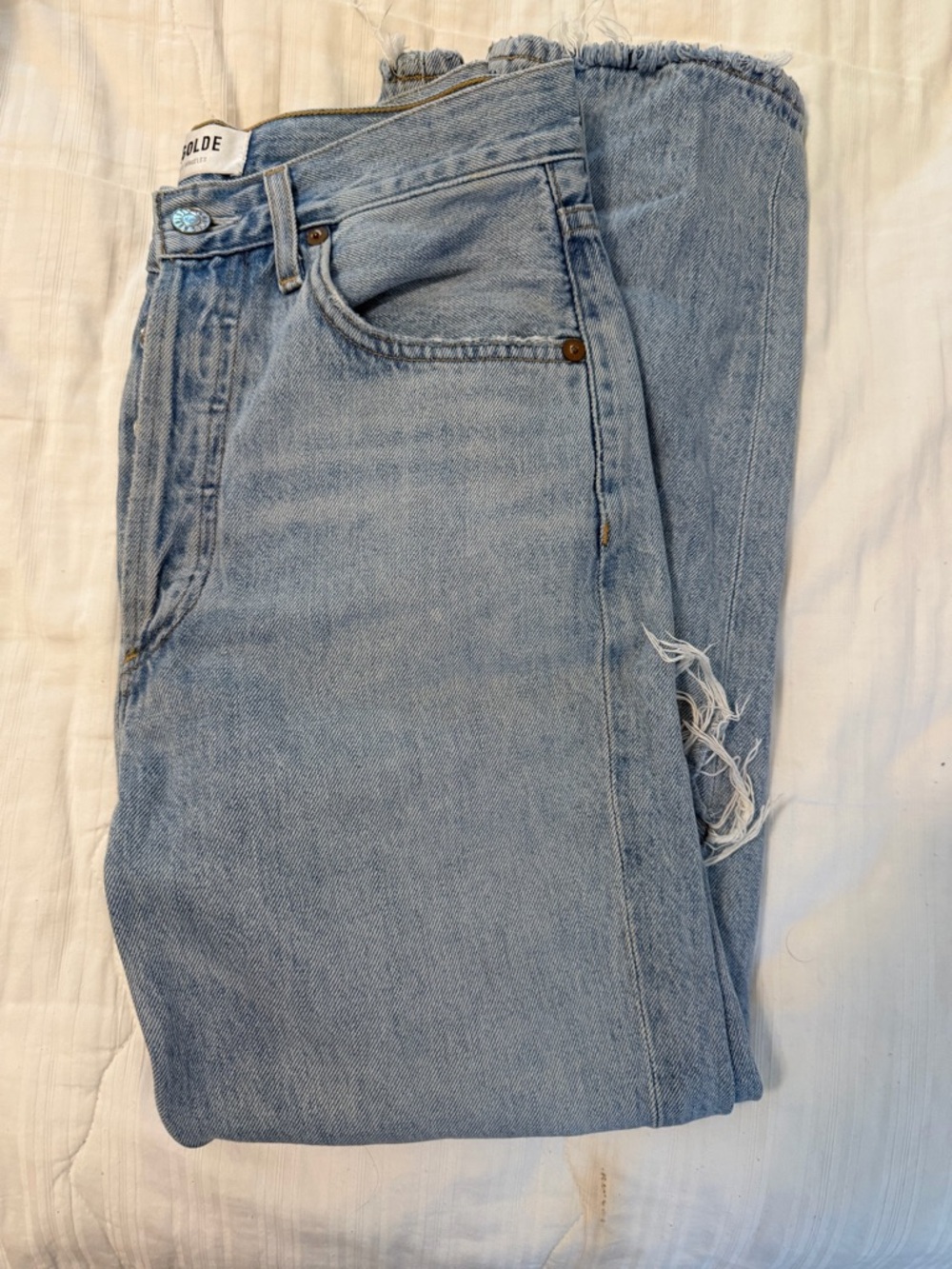 Agolde Light Blue Straight Crop Jeans with Raw Hem